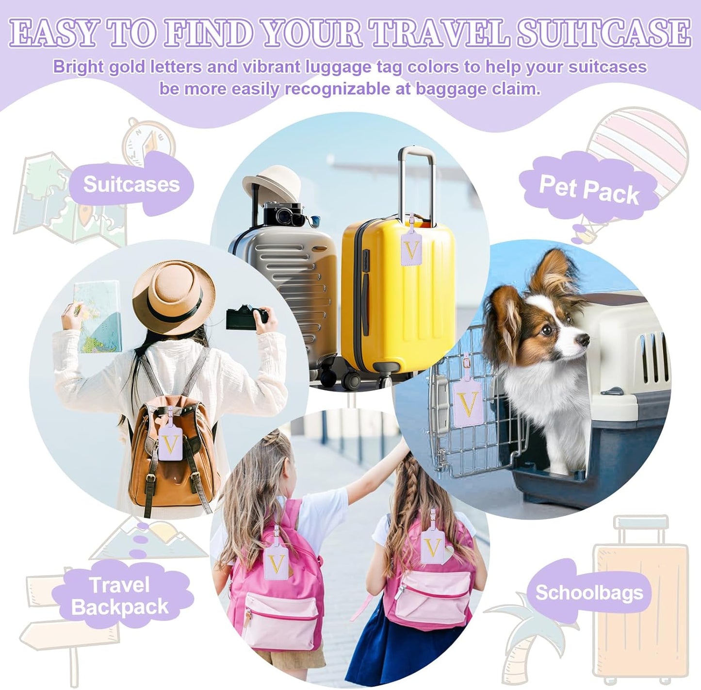 Personalized Initial Luggage Tags for Suitcase, Purple Leather Cute Luggage Tags with Privacy Cover Name Card, Embroidered Custom Monogrammed Luggage Tag Travel Backpack Tags Gifts for Women Kids(V)