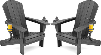 SERWALL Foldable Adirondack Chair Set of 2, HDPE Adirondack Chair with Wood-Texture-Gray