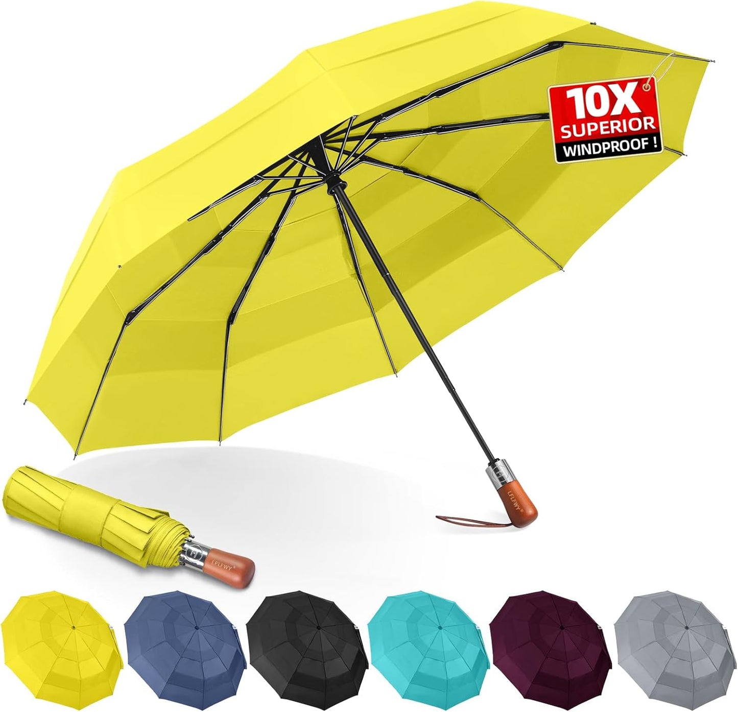 3T Wind Armor Travel Umbrella Compact Easy Auto Open Close Folding Umbrellas for Rain Windproof Umbrella for Women and Men Durable Real Wood Handle Portable Fits Backpack Car