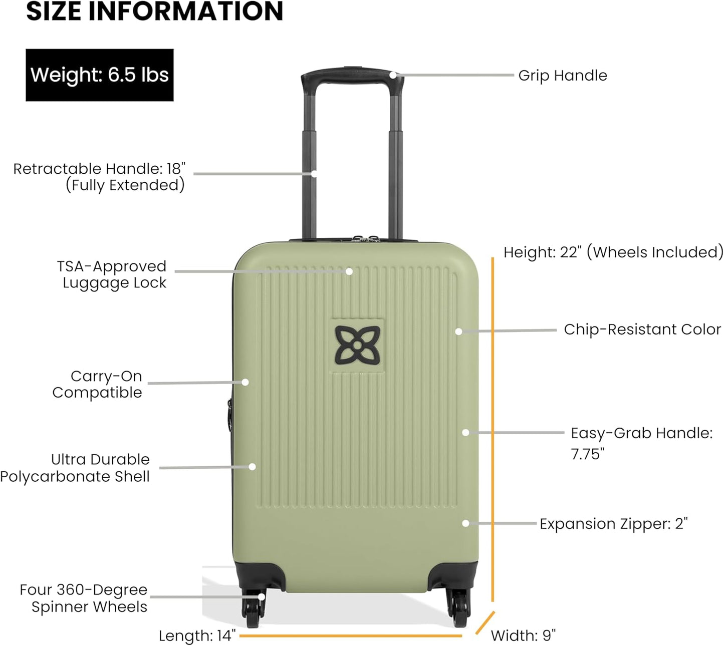 Sherpani Meridian, 22 Inch Carry On Luggage Airline Approved, Rolling Hardside Suitcase 22x14x9, Travel Luggage for Women, Expandable Suitcase, Travel Gift (Sage)