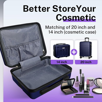 AnyZip Suitcase, 20" Carry On Luggage 14" Mini Cosmetic Cases Luggage Sets Hardside PC ABS Lightweight USB Suitcase with Wheels TSA for kids (2-Piece Set (14/20),DarkBlue)