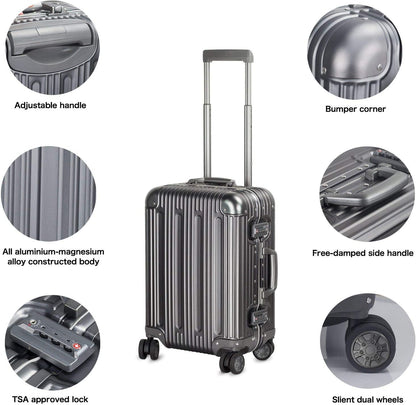 TRAVELKING All Aluminum Carry On Luggage with TSA Locks Fashion Cool Metal Hard Shell Spinner Suitcase (Grey, 20 Inch)