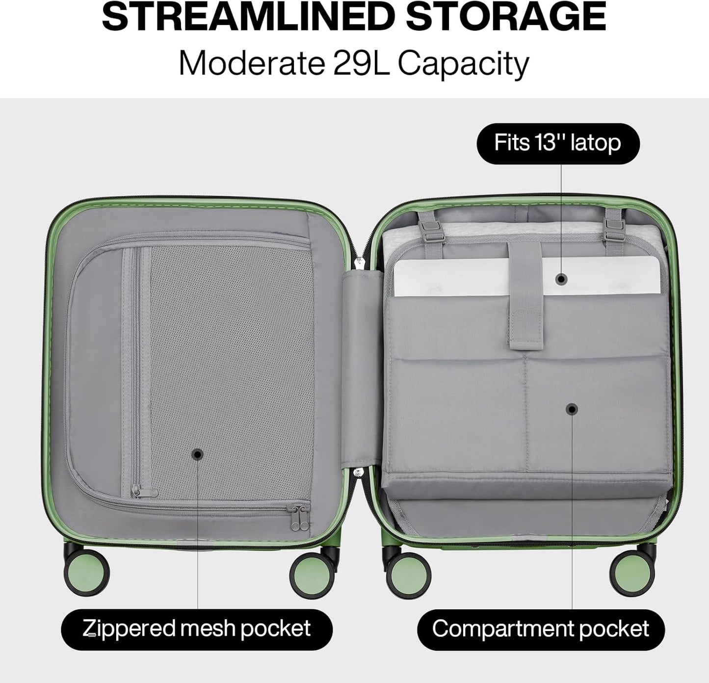 mixi Underseat Carry on Luggage 16 Inch Hardshell PC Suitcase with Spinner Wheels TSA Lock for Travel, Avocado Green