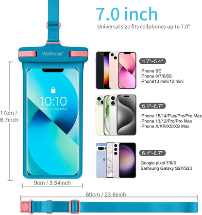 wellhouse Waterproof Phone Pouch, Waterproof Phone Case for iPhone 16 15 14 13 12 Pro Max XS Samsung, IPX8 3D Cellphone Dry Bag Beach Essentials (1 Pack - Blue7.0, 7 inch)