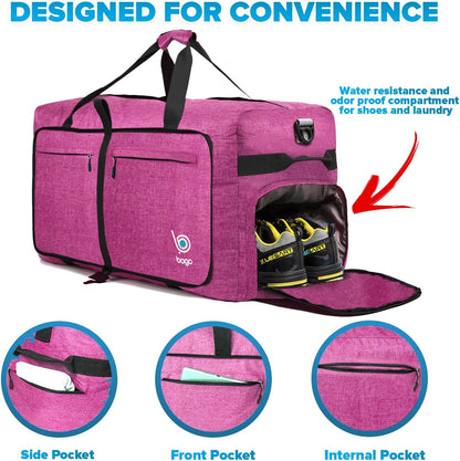 Bago Large Foldable Duffel Bags for Traveling Women & Men - 100L Packable Duffle Bag for Travel with Shoe Compartment - Water Repellant, Heavy Duty, Lightweight Folding & Collapsible (SnowPink)