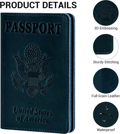 BIAOTIE Premium Leather Passport Holder Covers, Rfid Travel Wallet Passport Document Holder, Travel Essentials Wallet Cover Case for Men and Women (Blue)