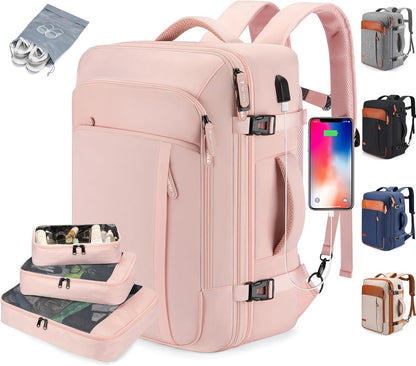 Travel Laptop Backpack,42L Carry on Luggage, Flight Approved Expandable Backpack,Business Anti Theft Weekender Bags for Women Men, Water Resistant Expandable Backpacks With 4 Packing Cubes
