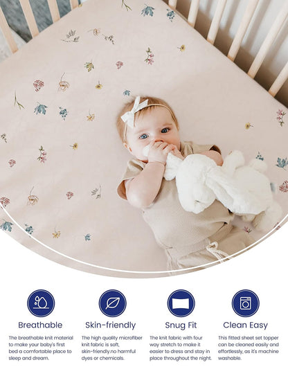 TotAha Premium Stretchy Crib Sheets (2-Pack)-Hypoallergenic, Silky Comfort, Buttery Soft, Calming Effect, All-Season Jersey-Knit Sheets, 28 X 52 X 9'' (Blue Flower & Small Floral)