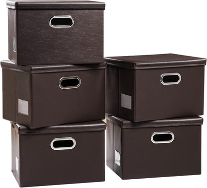 PRANDOM Foldable Storage Bins with Lids [5-Pack] Leather Fabric Collapsible Storage Boxes Organizer Containers Baskets Cube with Cover for Bedroom Closet Office Nursery Brown (14.9x10.8x10)