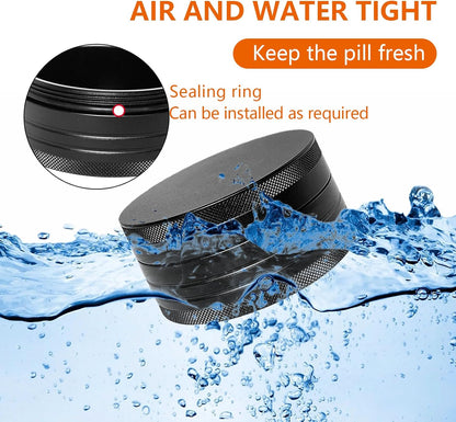 Small Pill Case - Portable Waterproof Small Pill Box for Daily Medicine - Versatile Storage for Travel, Camping, Hiking - Aluminium Alloy Round Container (Black)