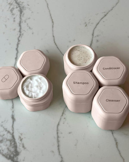 Cadence Travel Containers - Daily Routine Capsule Set - Magnetic Containers with Lids,4 Flex Mediums (1.32oz) & 3 Flex Smalls (0.56oz) - Shampoo, Conditioner, Body Wash, Pills, & More - Petal