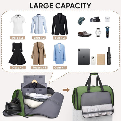BALEINE Convertible Garment Bag with Shoe Compartment, 2 in 1 Carry on Garment Duffle Bags for Travel, Suit Bag for Men Women (Green)