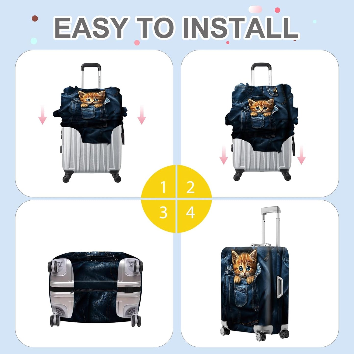 ANNA QUEEN Cute Kitten in Pocket Luggage Cover, Funny Cat Suitcase Protector with Denim Print, Stretchable & Washable Spandex Travel Cover for 20-22 Inch Luggage
