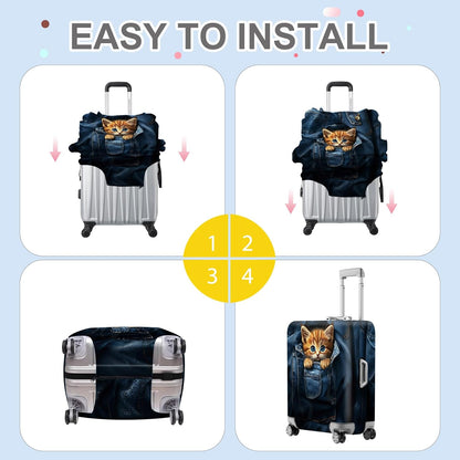 ANNA QUEEN Cute Kitten in Pocket Luggage Cover, Funny Cat Suitcase Protector with Denim Print, Stretchable & Washable Spandex Travel Cover for 24-26 Inch Luggage