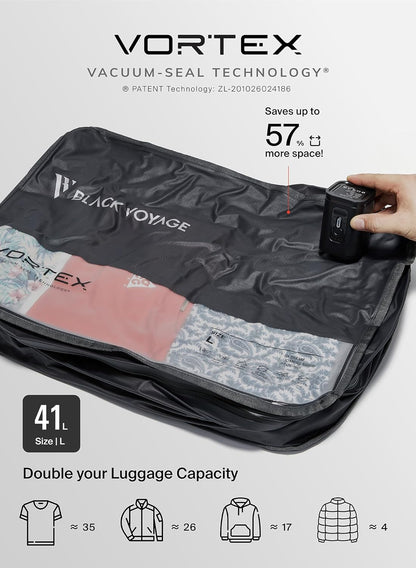 Black Voyage Reusable Vacuum Compression Travel Bag for Carry-On Suitcase and Backpack, Recycled IP67 Waterproof Space Saver Vacpack (2-Pack, 18L - Pump Included)