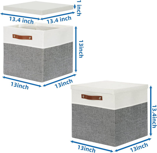 Temary Cube Storage Bins with Lids for Organizing Clothes, [2-Pack] Foldable Storage Boxes with Handles, Closet Storage Baskets for Living Room (White&Gray, 13x13x13inch)