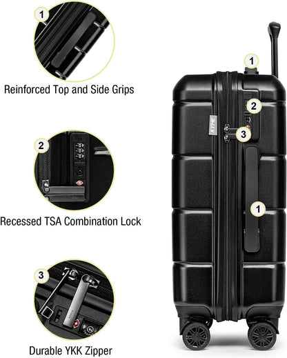 KYME Luggage Sets 3 Piece Hardshell 22in/26in/30in Suitcases with Spinner Wheels Hardside Suitcase Sets with TSA Lock Travel Rolling Luggage Set for Women Men Black