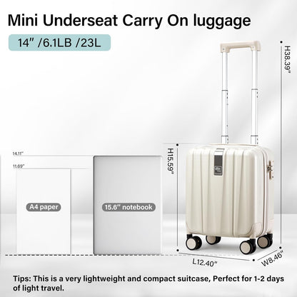Hanke 14 Inch Underseat Carry On Luggage with Wheels, Lightweight, Waterproof, TSA-Approved, Suitcase, Ivory White