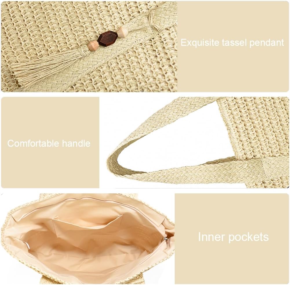 Straw Beach Bags for Women Woven Beach Tote Bag Casual Boho Large Shoulder Handbags Purse for Vacation Holiday