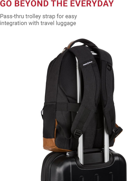SwissGear 5505 Cecil 16” Laptop Backpack Black Canvas/Brown – Daily Laptop Bag with Gear Attachment Options – Multiple Organizer Pockets & Padded Shoulder Straps