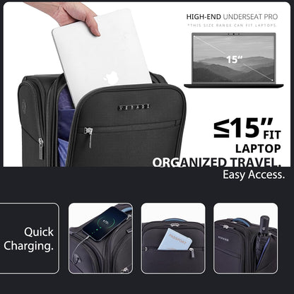 Verage Carry On Luggage with Wheels, 15 Inch Underseat Spinner Luggage Pro, Underseat Personal Item Travel Bag for Men and Women, Carry On Bags for Airplanes, Black
