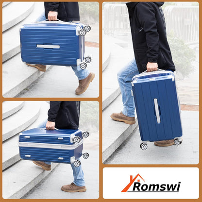 Romswi 3-Piece Carry-On Luggage Set with Cup Holder TSA Lock, 20" Hardside Spinner Suitcase with Duffel Bag, Lightweight Durable PC+ABS Navy Travel Luggage