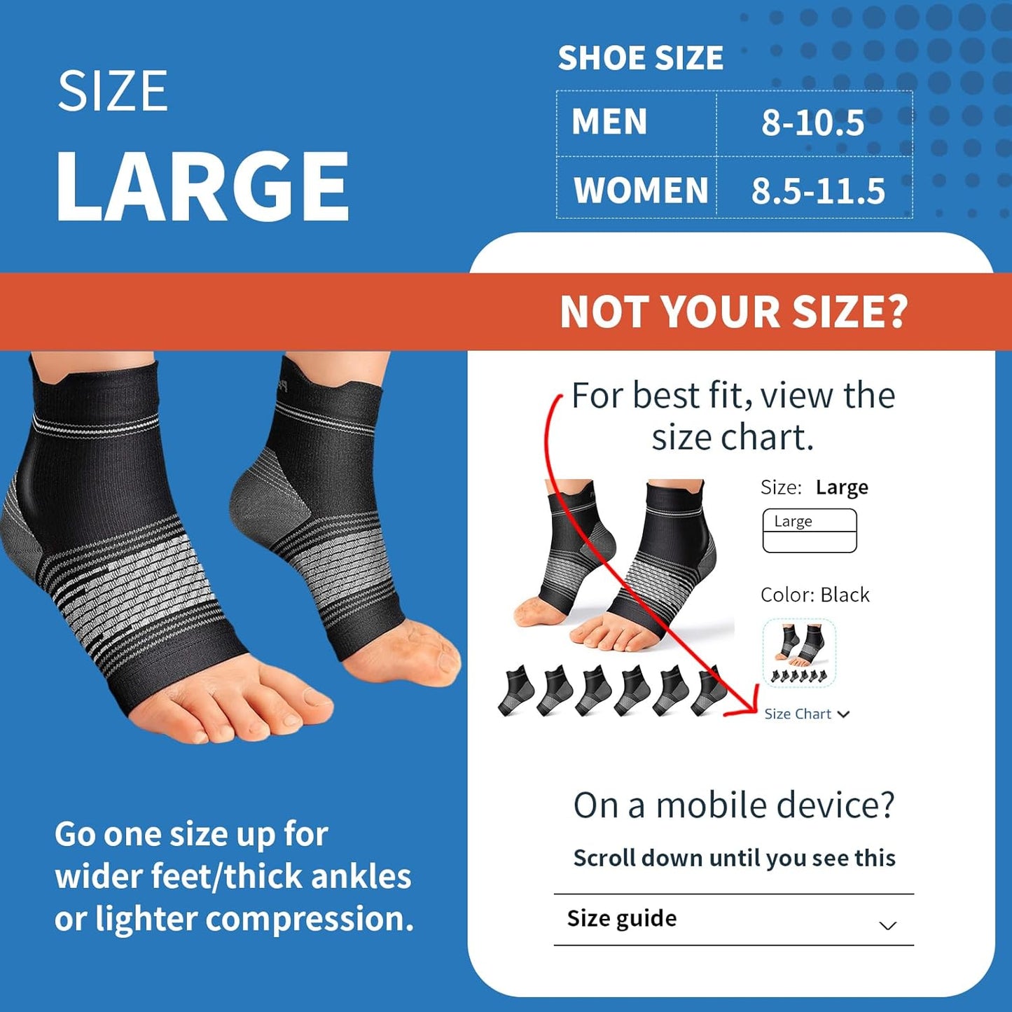 Plantar Fasciitis Sock (6 Pairs) for Men and Women, Compression Foot Sleeves with Arch and Ankle Support (Black, Large)