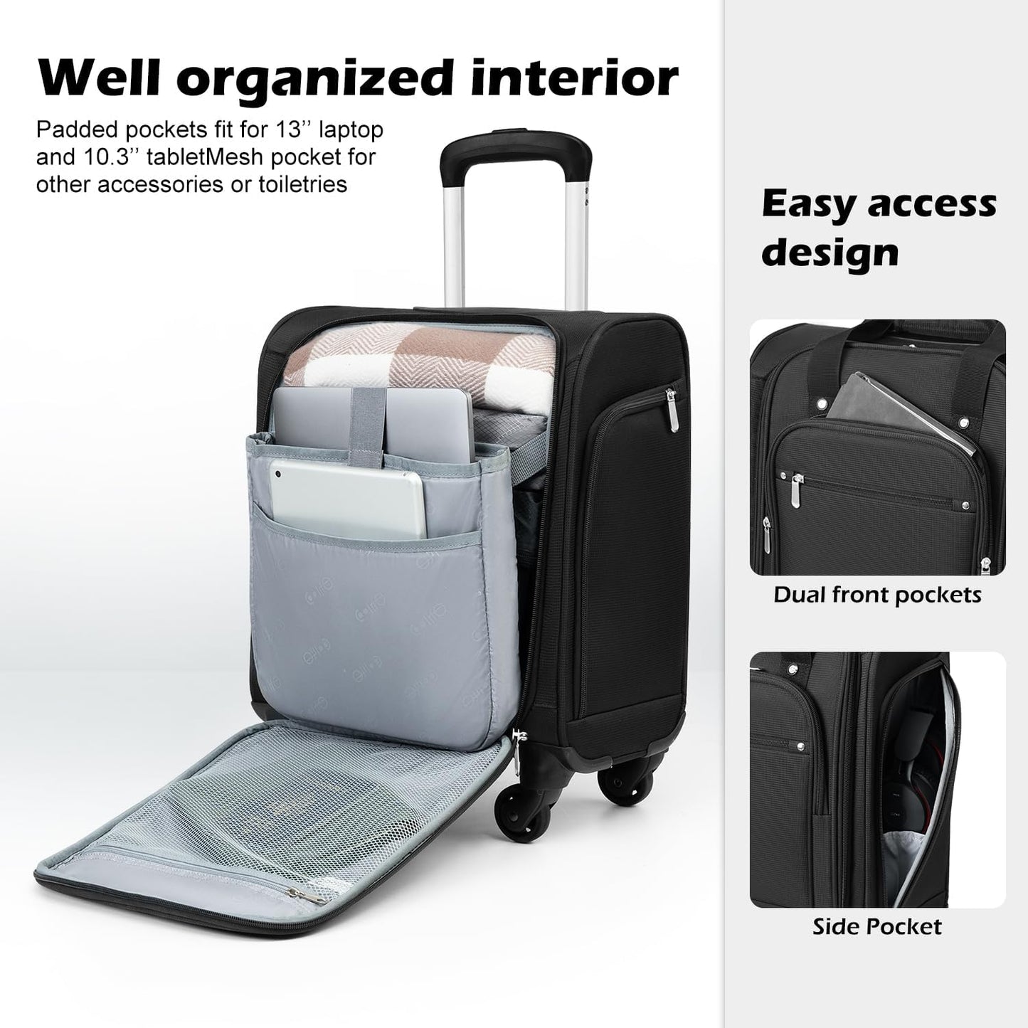 Coolife Underseat Carry On Luggage Softside Lightweight Rolling Travel Bag Spinner Suitcase