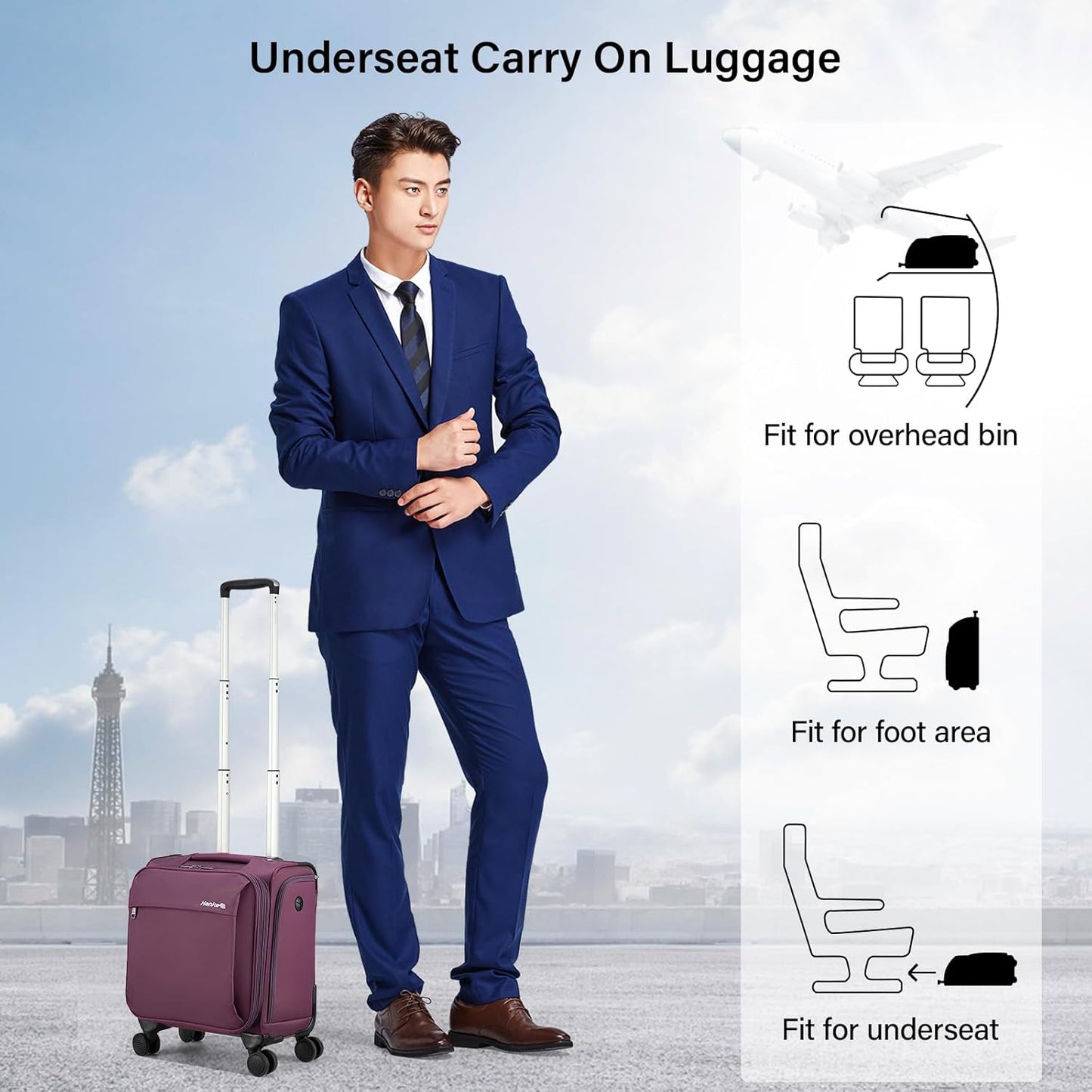 Hanke 16 Inch Underseat Carry On Luggage with Wheels Small Suitcase Softside Luggage Bags for Travel Lightweight Suitcases with Wheels Travel Luggage Personal Item for Men and Women.(Purple)