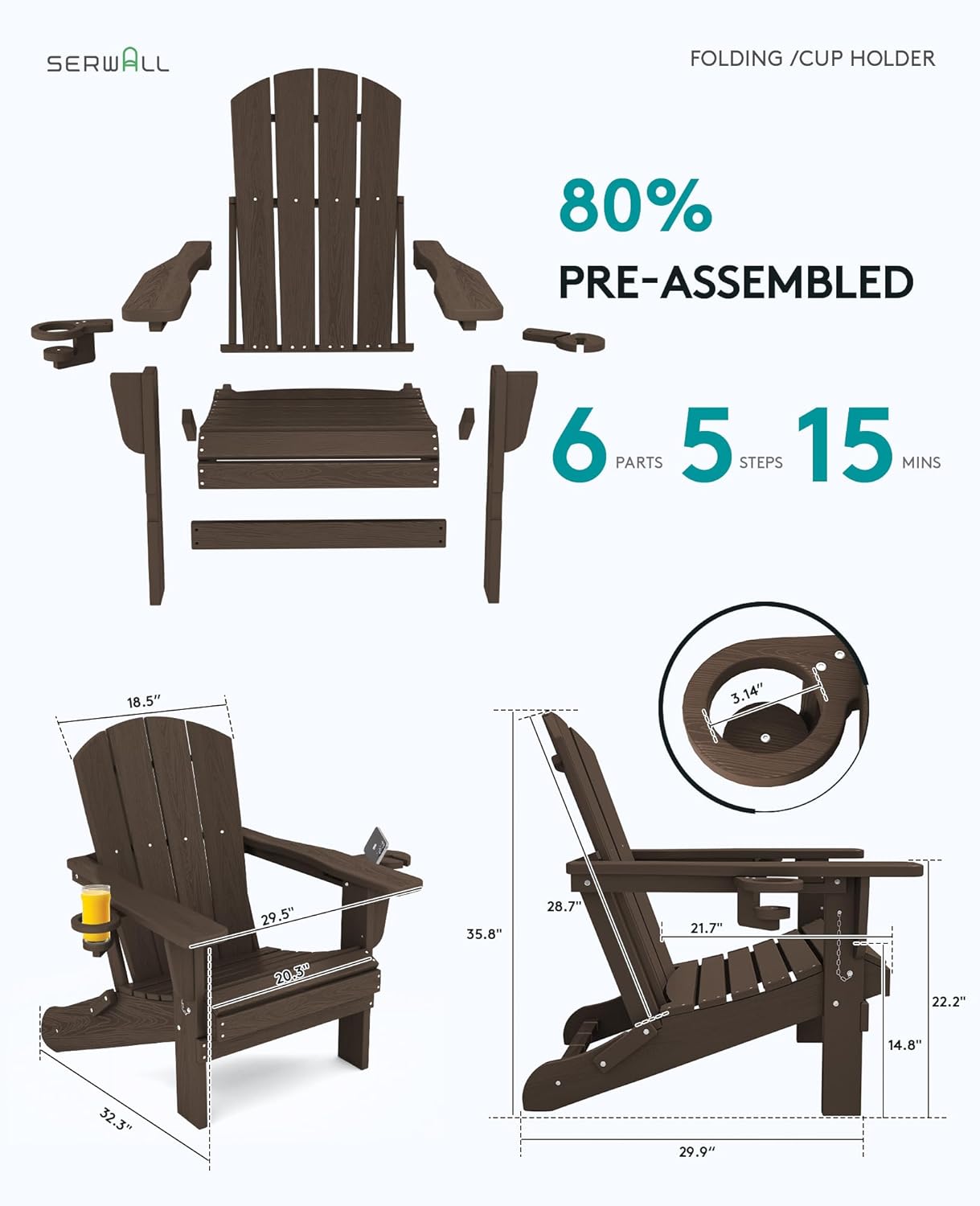 SERWALL Adirondack Chair with Cup Holders - Composite Adirondack Chairs Set of 4 HDPE Outdoor Chairs All Weather Use- Coffee