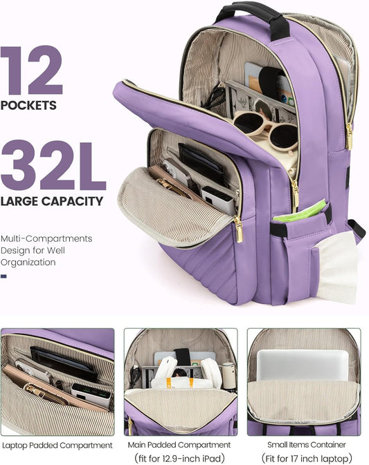 LOVEVOOK Laptop Backpack for Women, Travel Computer Work Bags with 17-inch Laptop Compartment, College School Student Bag Teen Backpacks For Girls, Outdoor Carry On Backpack Purse, Purple
