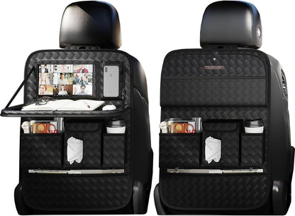 Car Seat Organizers,Multi-functional Back Seat Protectors, Storage Pouches, and Tray Holders (for Cars, Kids, Seat Back and Rear Seats) (Woven Black, 2 Pcs)