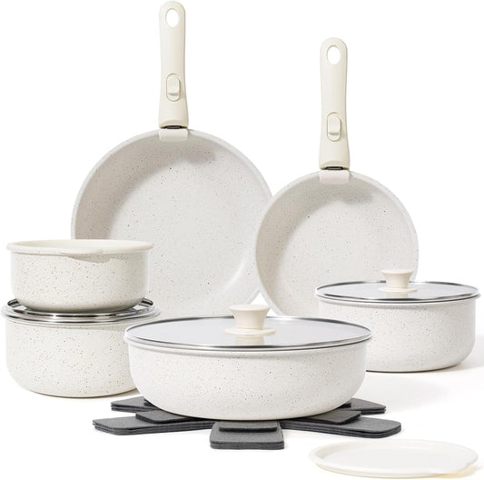 18 Pcs Pots and Pans Set Non Stick, Cookware Sets with Detachable Handle, Nonstick RV Kitchen Cooking Tools Removable Handles, Oven Safe, Induction Fast, Stackable Induction Cookware, White