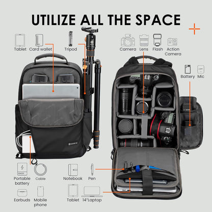 TARION Camera Backpack Waterproof Bag - 12.5L Slim DSLR Backpack with 14'' Laptop Compartment Rain Cover Slim Photography Bag for Men Women Photographers for DSLR SLR Lens Black TRL