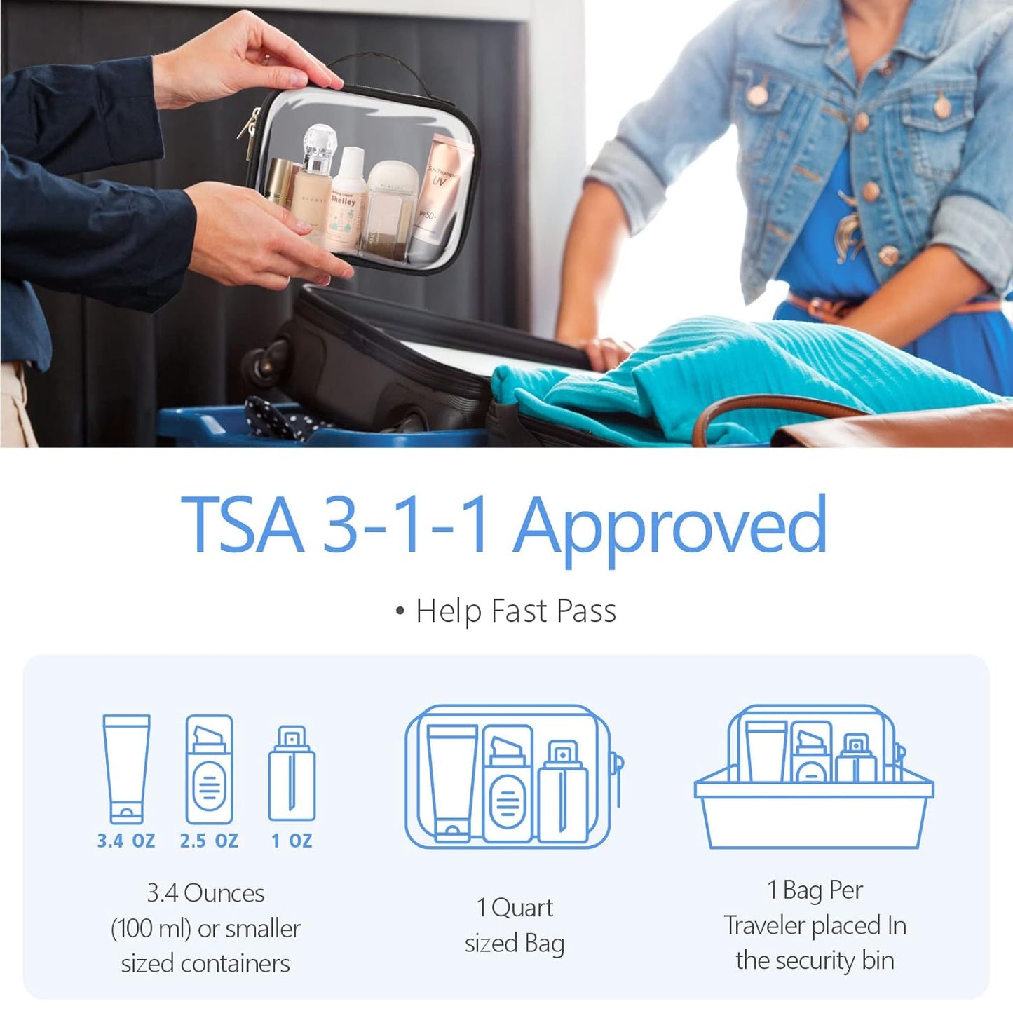 PACKISM TSA Approved Toiletry Bag, 3 Pack Clear Makeup Bags with Handle Large Opening, Clear Toiletry Bags Fit Carry-on Travel Essentials, Quart-sized Travel Bags for Toiletries, Black