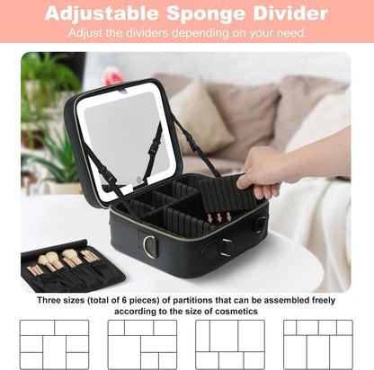 Mocado Travel Makeup Bag with LED Lighted Mirror,Travel Makeup Organizer,Makeup Case with 8 Makeup Brushes and 10x Magnifying Mirror,3 Colors Lighting, Adjustable Dividers Makeup Box(Black)