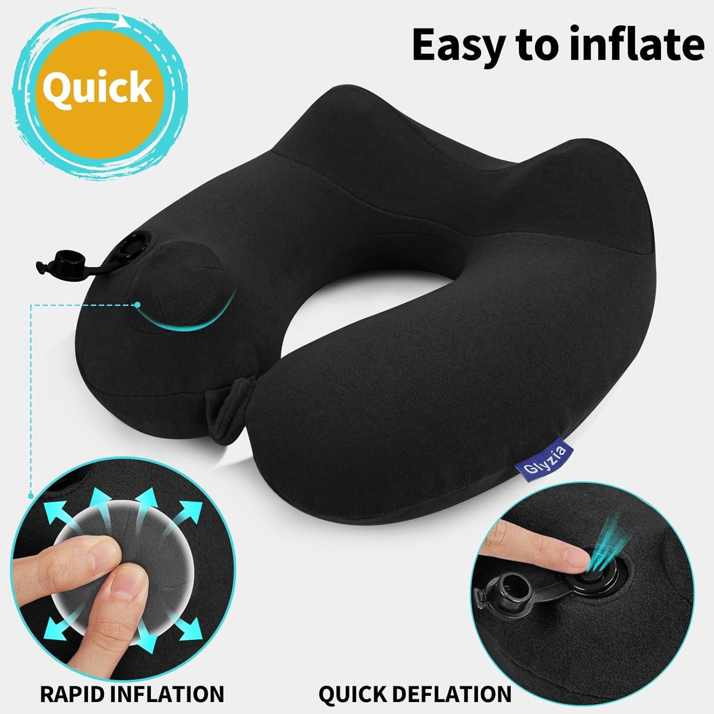2 Pack Inflatable Travel Neck Pillows for Airplanes, Head Support Velvet Adult Neck Pillows for Long Flight, Kit with Eye Mask, Earplugs and Storage Bag, 2, Black