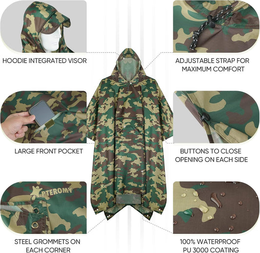 PTEROMY Hooded Rain Poncho for Adult with Pocket, Waterproof Lightweight Unisex Raincoat for Hiking Camping Emergency
