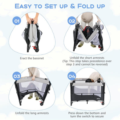 INFANS Pack and Play, 5 in 1 Baby Bedside Sleeper with Bassinet, Diaper Changer, Mattress, Carry Bag, Music Box Hanging Toys, Foldable Bedside Crib, Portable Playard for Newborn Toddlers (Gray)