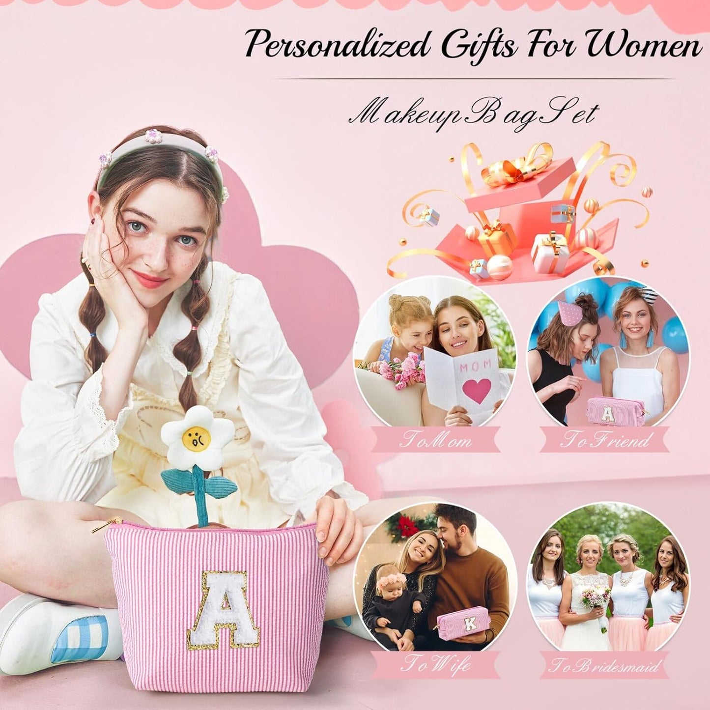 YOOLIFE Birthday Gift for Girls Makeup Bag Cosmetic Bag Teacher Gifts for 3 4 5 6 7 8 9 10 11 12 13 Year Old Girls Pink J