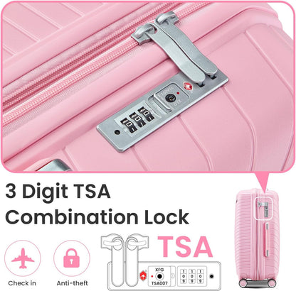 Campfun Luggage 4 Piece Sets, Expandable Carry On Luggage Set Hardshell PP, Suitcase Set with Double Spinner Wheels, Checked Durable Lightweight with TSA Lock, 14in 20in 24in 28in-Pink(B)