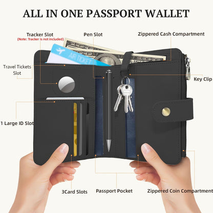 Full Grain Leather Passport Wallet, RFID Blocking Passport Holder with AirTag Slot, Multi Compartment Travel Wallet for Women & Men, Secure Passport Cover Case for Airport Essentials (Black)