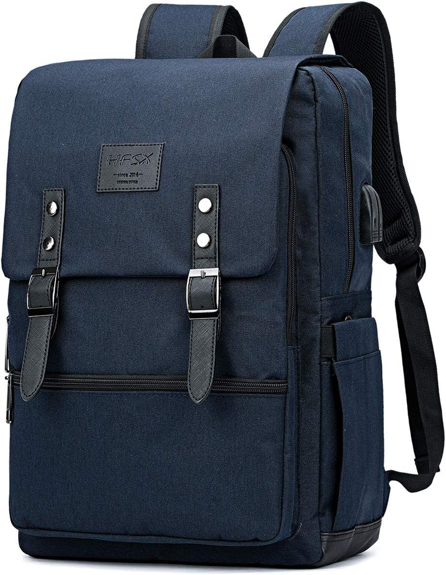 HFSX Anti Theft Laptop Backpack Men Women Business Travel Computer Backpack College Bookbag Stylish Water Resistant Vintage Backpack with USB Port Fits 15.6 Inch Laptop Blue
