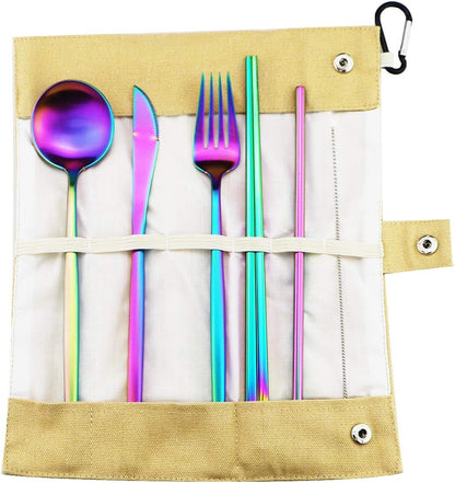 Gugrida Reusable Travel Utensils, 7 Piece Portable 304 Stainless Steel including Knife Fork Spoon Chopsticks Cleaning Brush Straws Portable Pouch, Eco-friendly Camping Silverware Set, Dishwasher Safe