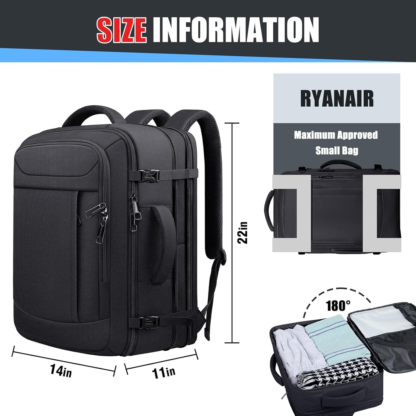 55L Extra Large Travel Backpack, Expandable 50L - 60L Carry On Backpack, Travel Luggage Suitcase Anti-Theft TSA Flight Laptop Bag, Sturdy 18.4 Inch XXXL Daypack Weekender Gifts for Men, Black