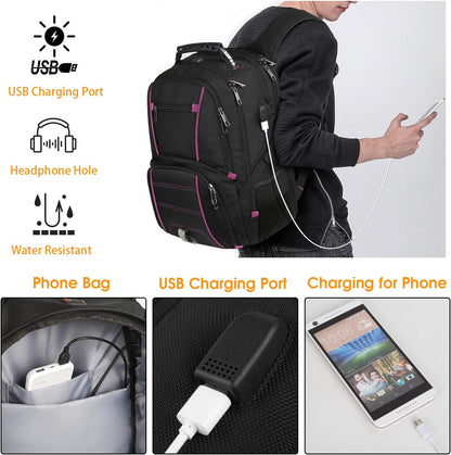 LTINVECK Extra Large Backpack,TSA Friendly Travel Laptop Computer Backpack for Men Women with USB Charging Port,RFID Water Resistant Big Business Backbag Fits 17.3 Inch Laptops,Purple