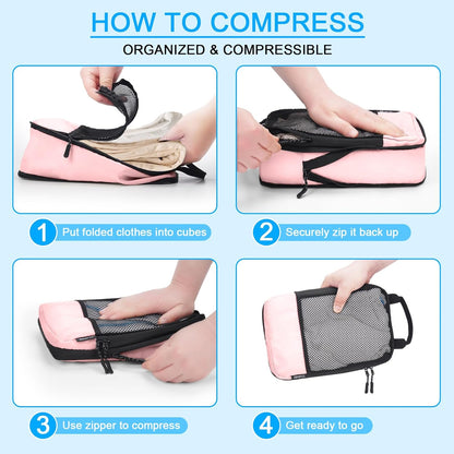 4 PCS Set Compression Packing Cubes for Travel, Lightweight Packaging Organizer Bags for Carry On Space Saving, Travel Essentials Cubes for Suitcase Backpack, Pink