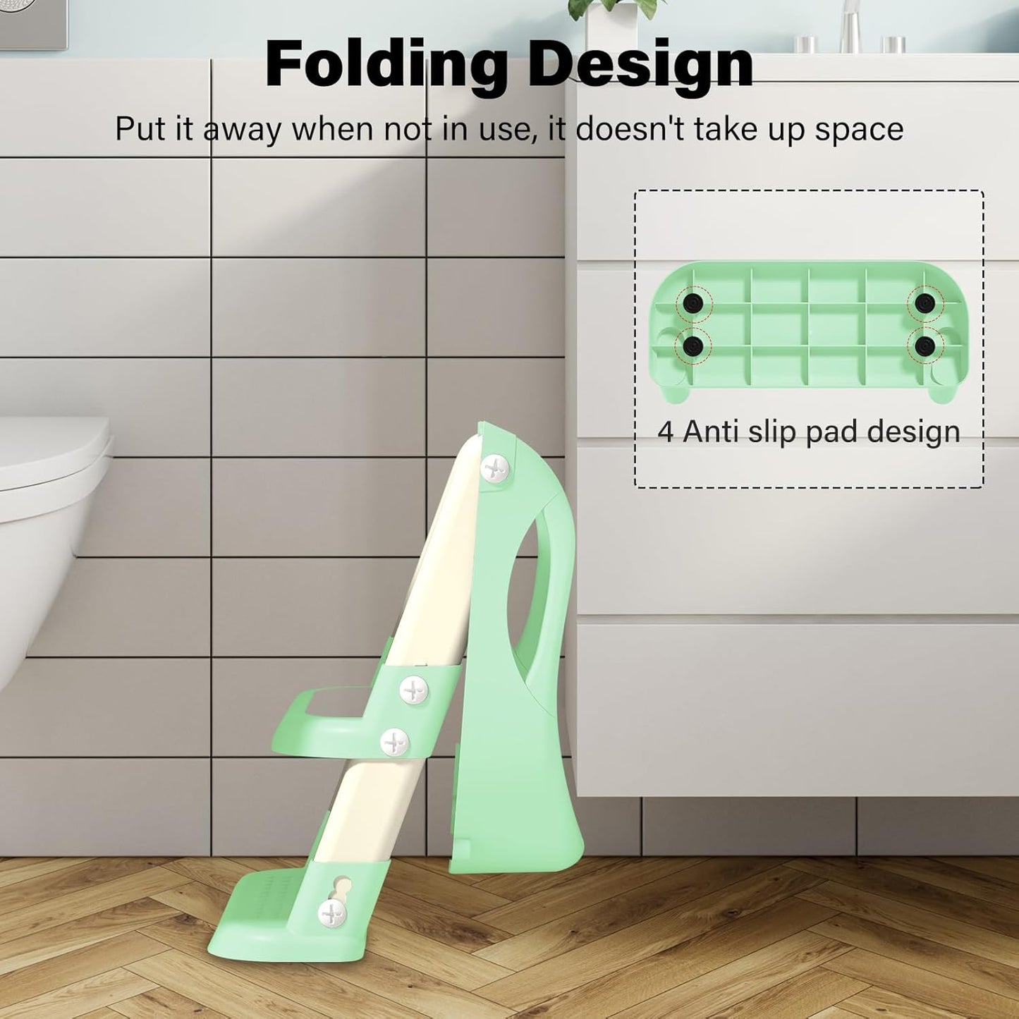 Potty Training Seat with Step Stool Ladder, Adjustable Foldable Potty Seat for Toilet with Anti-Slip Pads Ladder for Kids Boys Girls Toddlers - Green