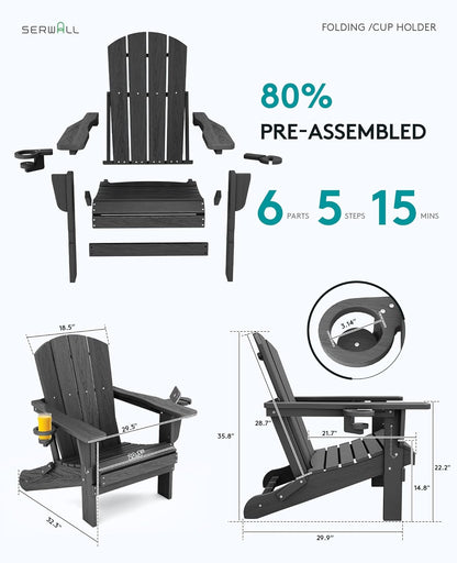 SERWALL Foldable Adirondack Chair Set of 8, Oversized HDPE Adirondack Chair with Wood-Texture-Gray