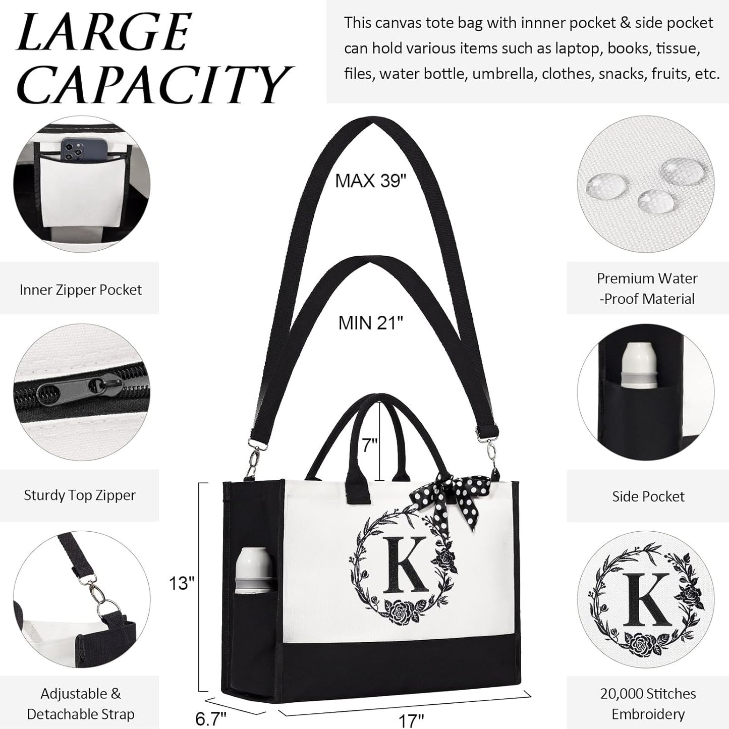 Personalized Mothers Day Gifts for Women, Initial Canvas Tote Bag & Makeup Bag Monogrammed Beach Tote Bag for Women w/Zipper, Birthday Gifts for Women Mom Her Girlfriend Wife Sister Friend Daughter